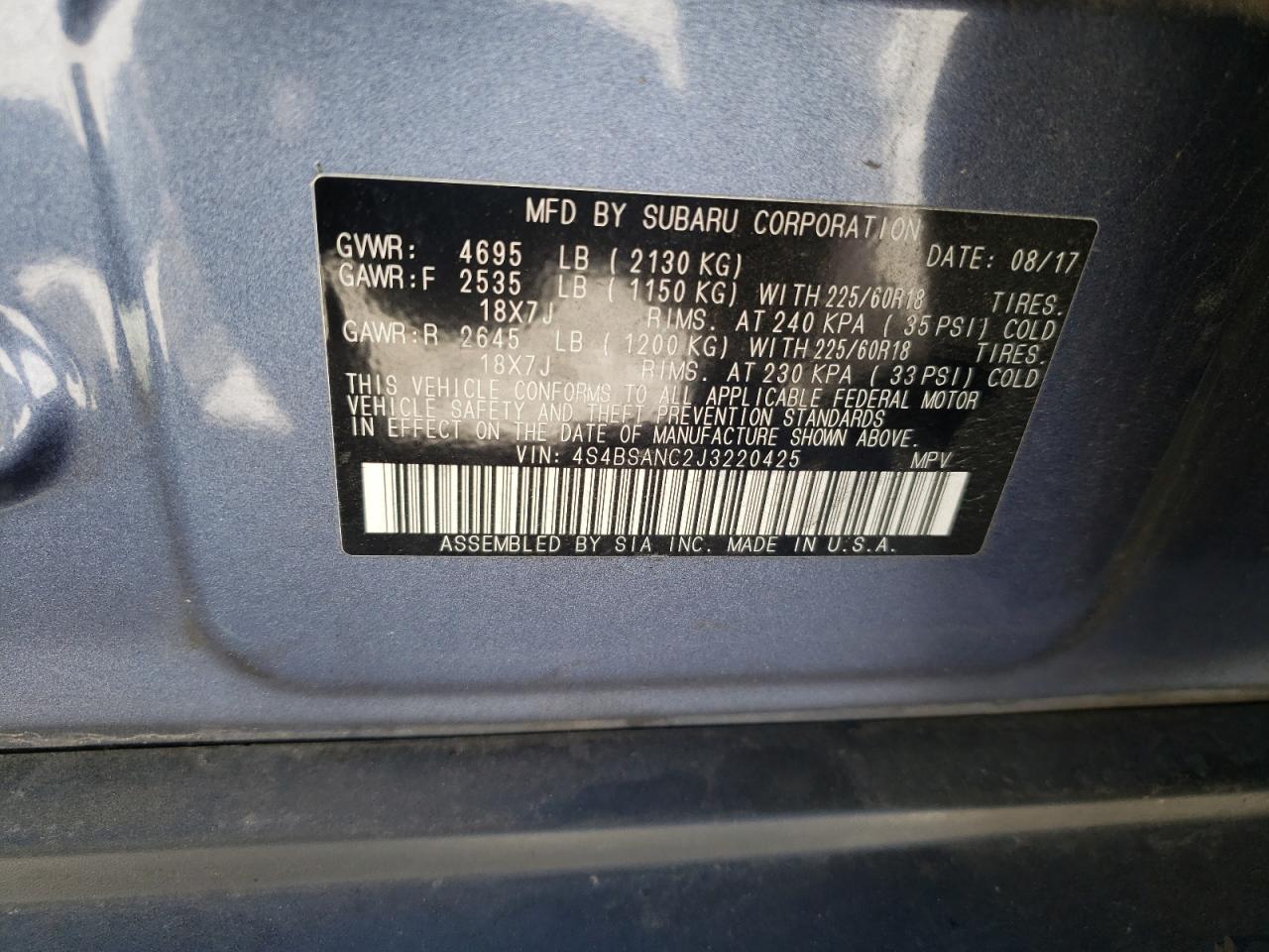 2018 Subaru Outback 2.5I Limited VIN: 4S4BSANC2J3220425 Lot: 67764665