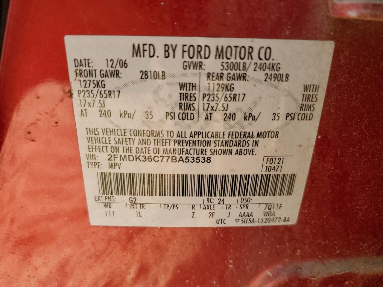 2007 Ford Edge Se VIN: 2FMDK36C77BA53538 Lot: 70502455