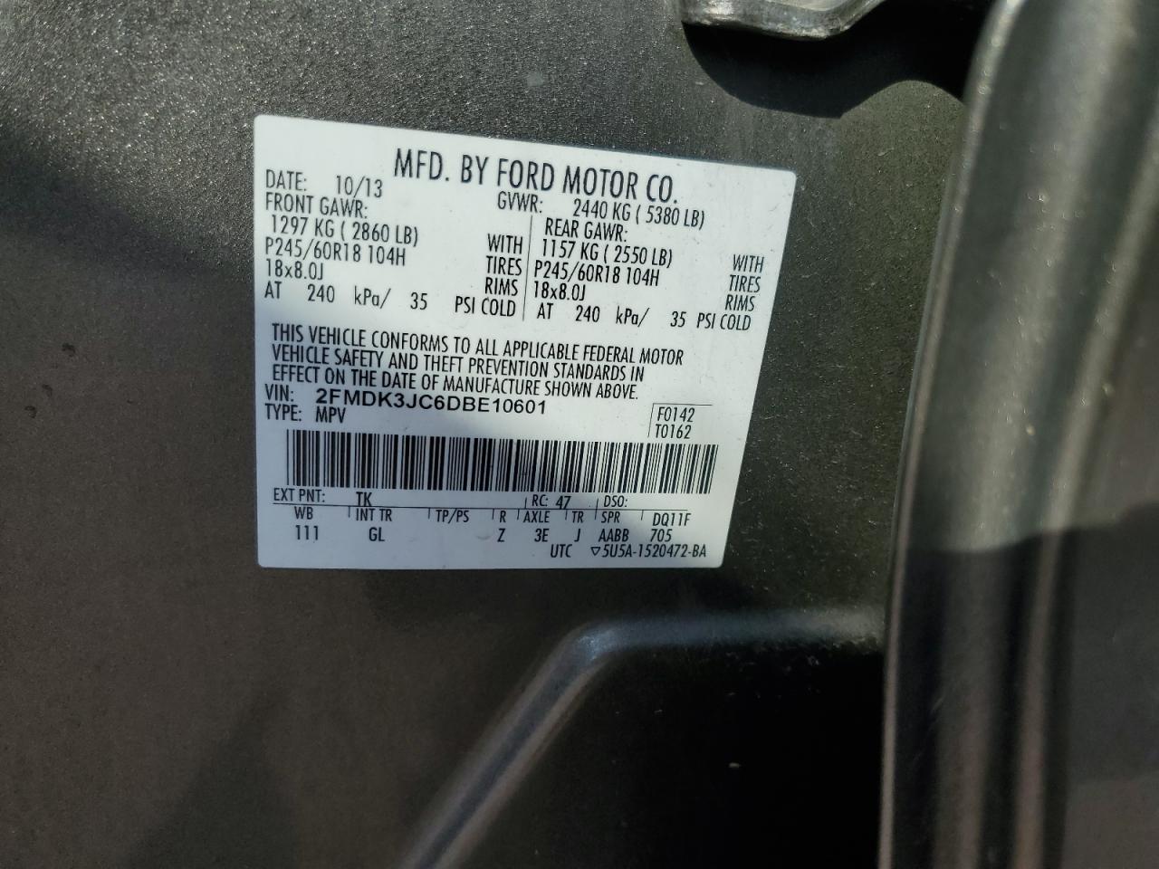 2013 Ford Edge Sel VIN: 2FMDK3JC6DBE10601 Lot: 67846075