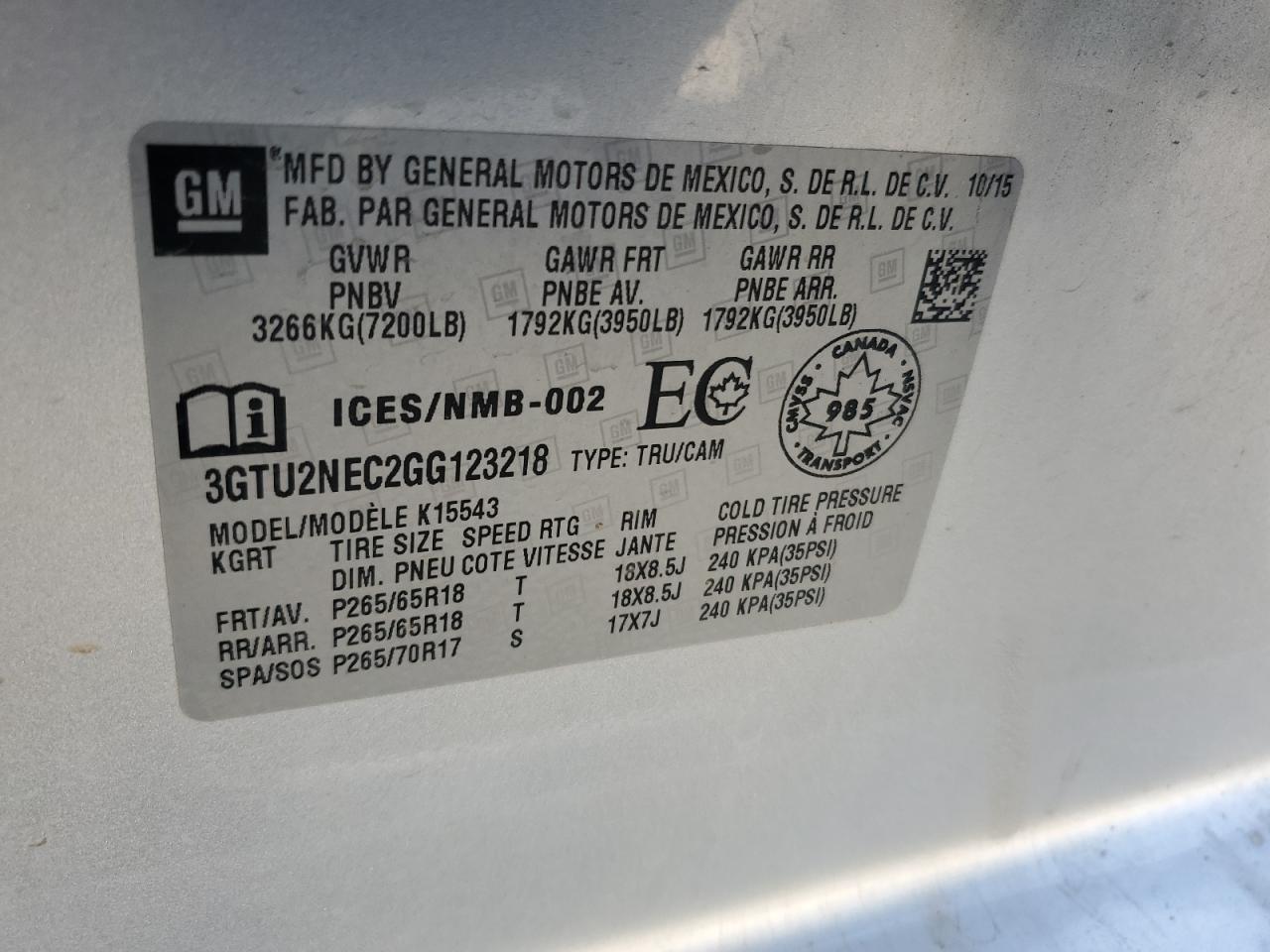 2016 GMC Sierra K1500 Slt VIN: 3GTU2NEC2GG123218 Lot: 68919135