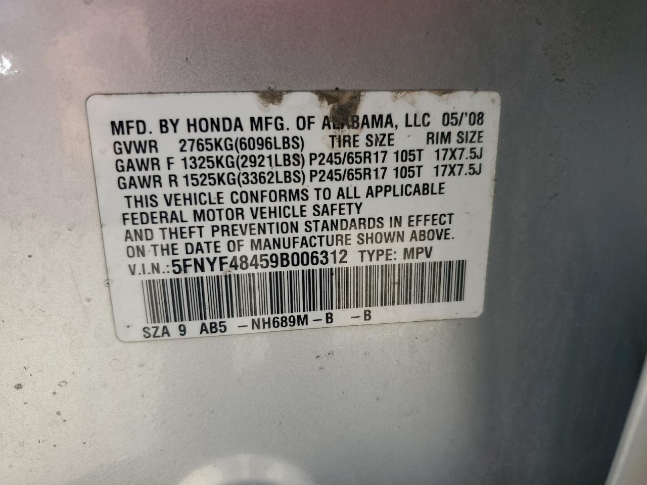 2009 Honda Pilot Ex VIN: 5FNYF48459B006312 Lot: 67777755