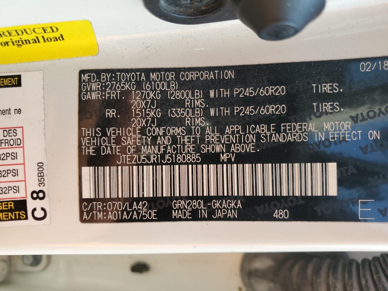 2018 Toyota 4Runner Sr5 VIN: JTEZU5JR1J5180885 Lot: 69365915