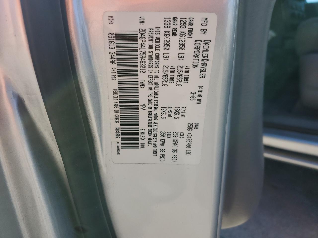 2005 Dodge Grand Caravan Sxt VIN: 2D4GP44L75R463212 Lot: 70554265