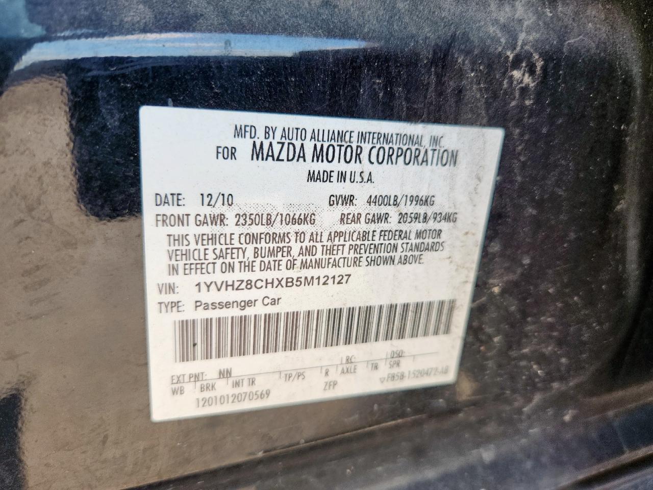 1YVHZ8CHXB5M12127 2011 Mazda 6 I