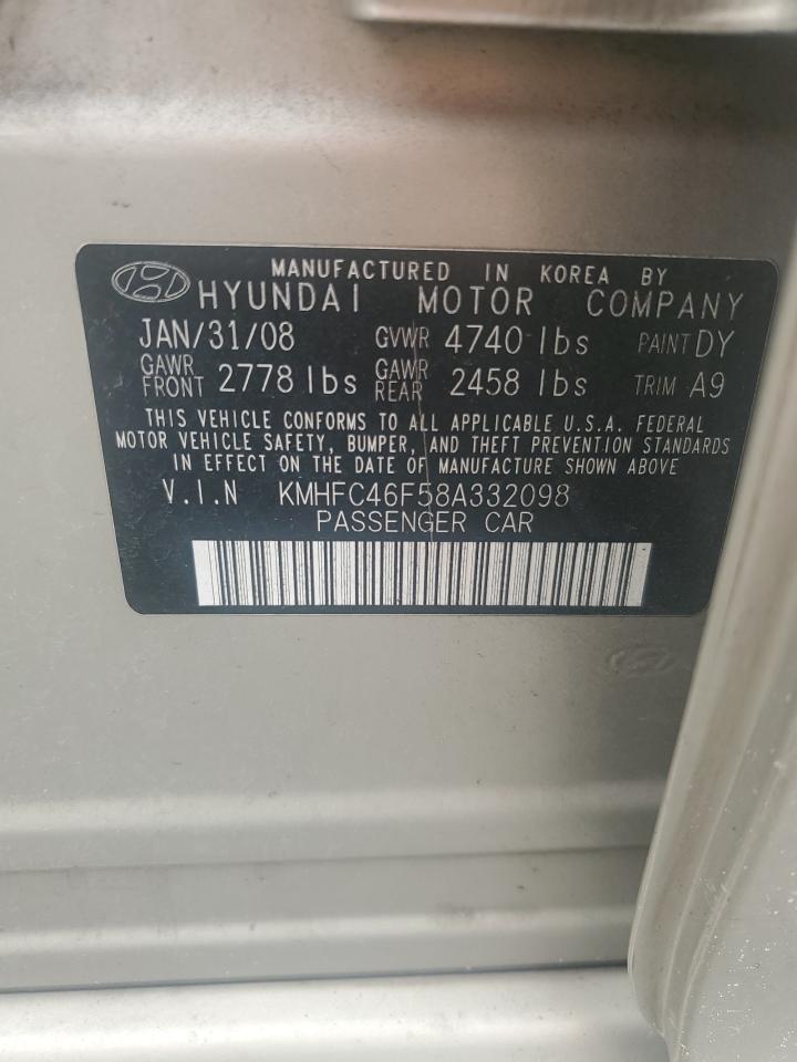 2008 Hyundai Azera Se VIN: KMHFC46F58A332098 Lot: 69912545