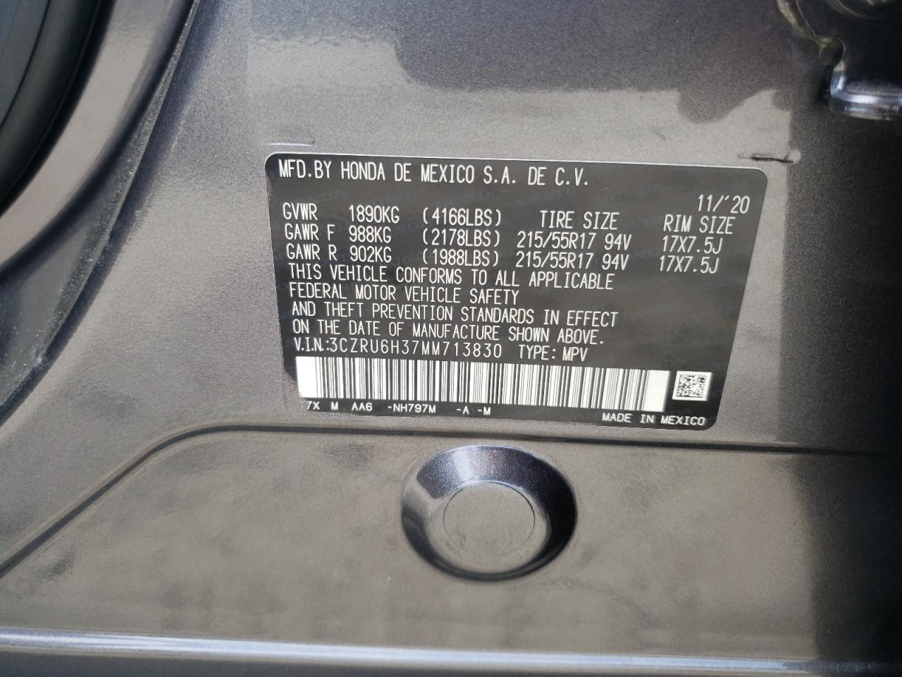 2021 Honda Hr-V Lx VIN: 3CZRU6H37MM713830 Lot: 69020785