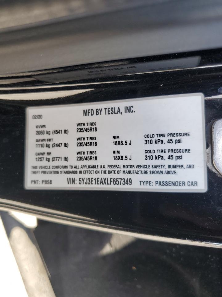 2020 Tesla Model 3 VIN: 5YJ3E1EAXLF657349 Lot: 68219305