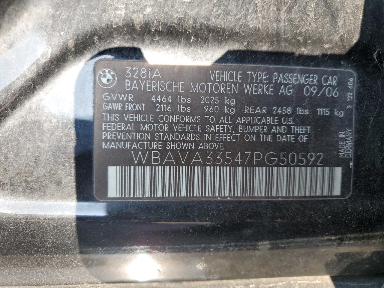 2007 BMW 328 I VIN: WBAVA33547PG50592 Lot: 68197945