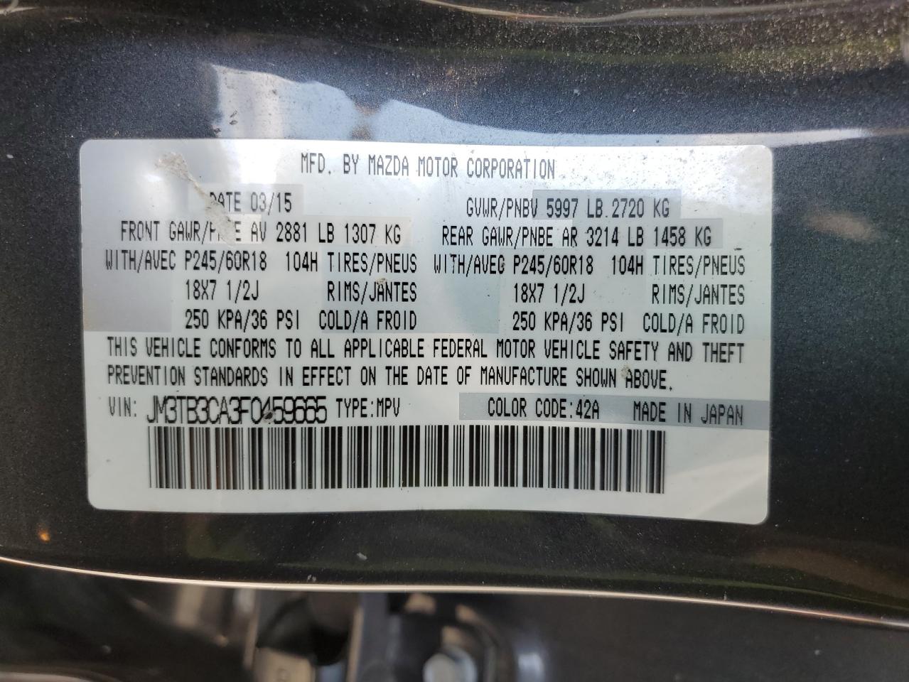 2015 Mazda Cx-9 Touring VIN: JM3TB3CA3F0459665 Lot: 68693285