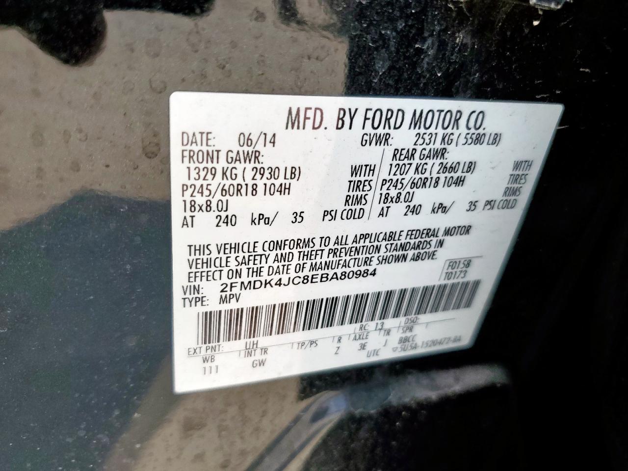 2014 Ford Edge Sel VIN: 2FMDK4JC8EBA80984 Lot: 70733515