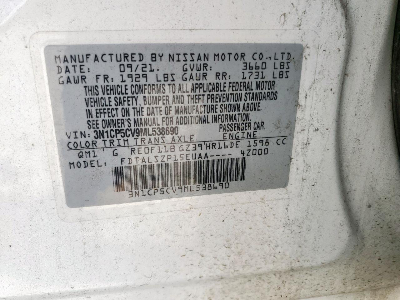 2021 Nissan Kicks Sv VIN: 3N1CP5CV9ML538690 Lot: 68324415