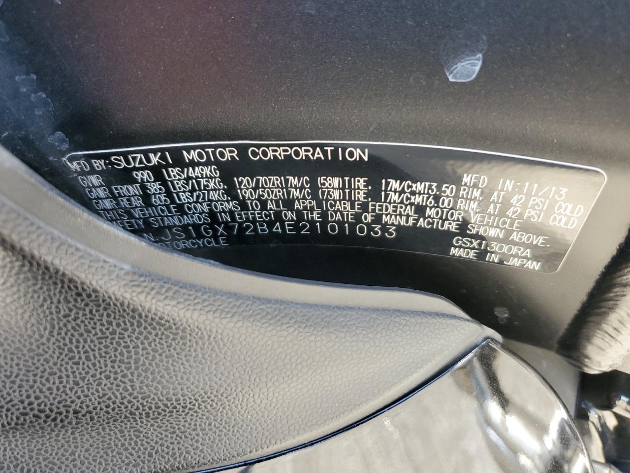 2014 Suzuki Gsx1300 Ra VIN: JS1GX72B4E2101033 Lot: 70632115