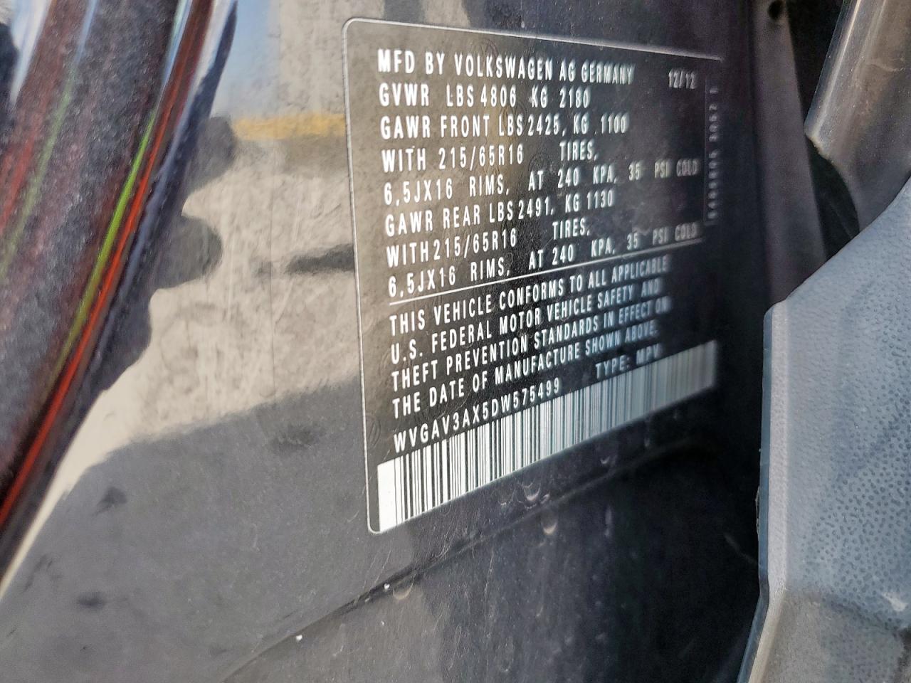 2013 Volkswagen Tiguan S VIN: WVGAV3AX5DW575499 Lot: 69462585