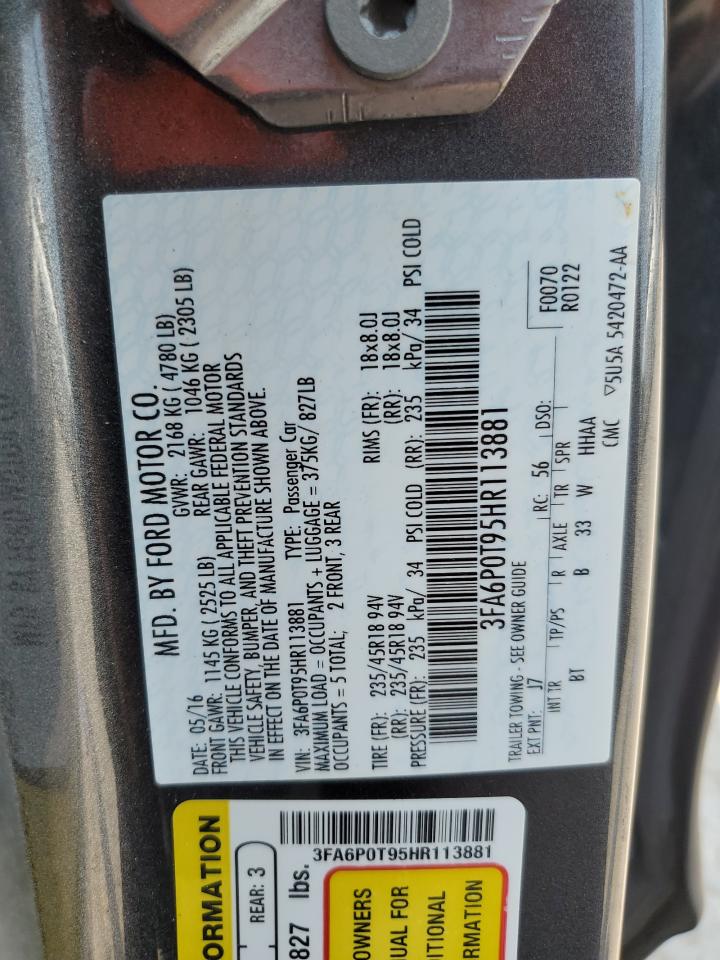 2017 Ford Fusion Se VIN: 3FA6P0T95HR113881 Lot: 67557995