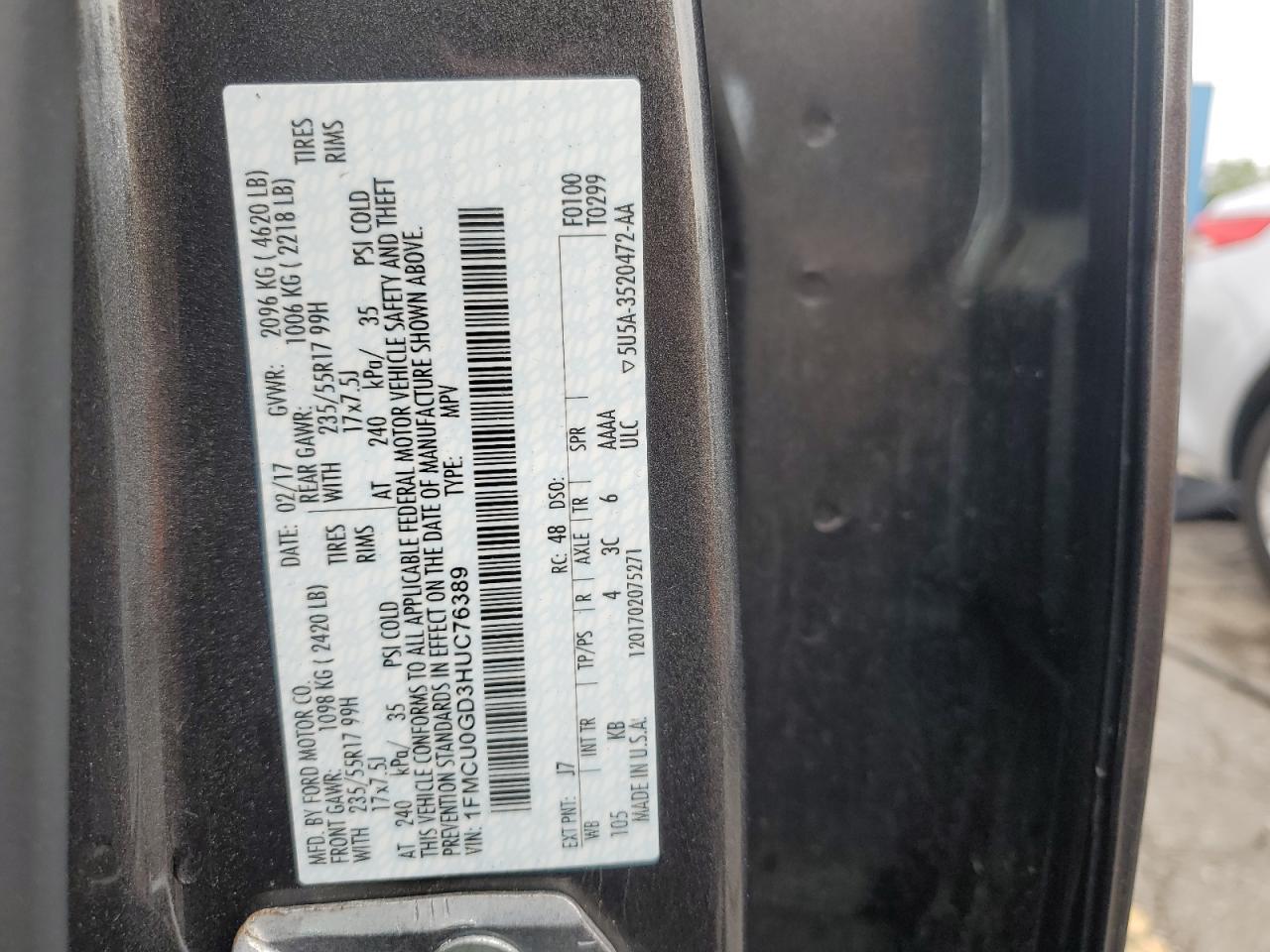 2017 Ford Escape Se VIN: 1FMCU0GD3HUC76389 Lot: 68314595