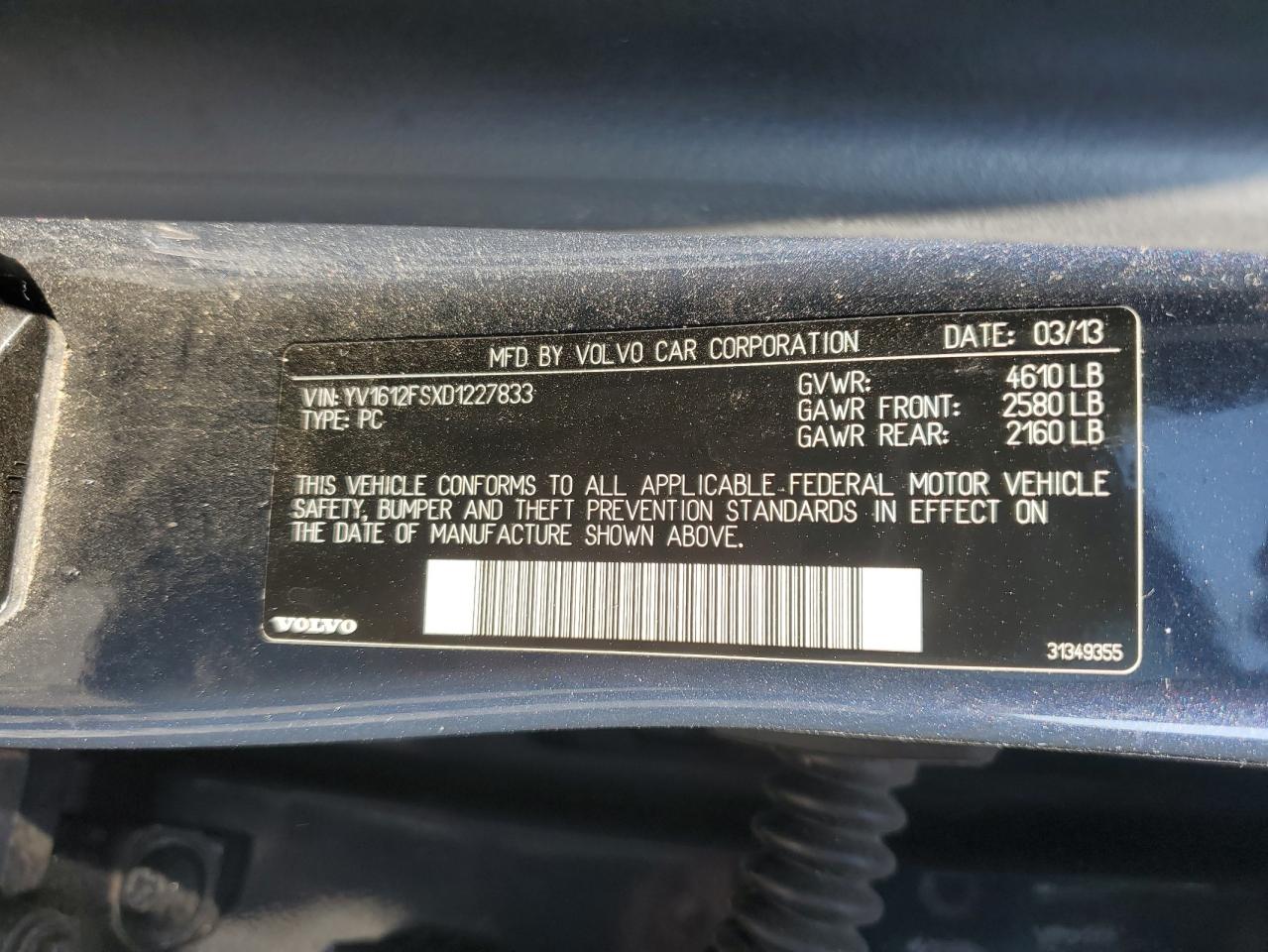 2013 Volvo S60 T5 VIN: YV1612FSXD1227833 Lot: 67639955
