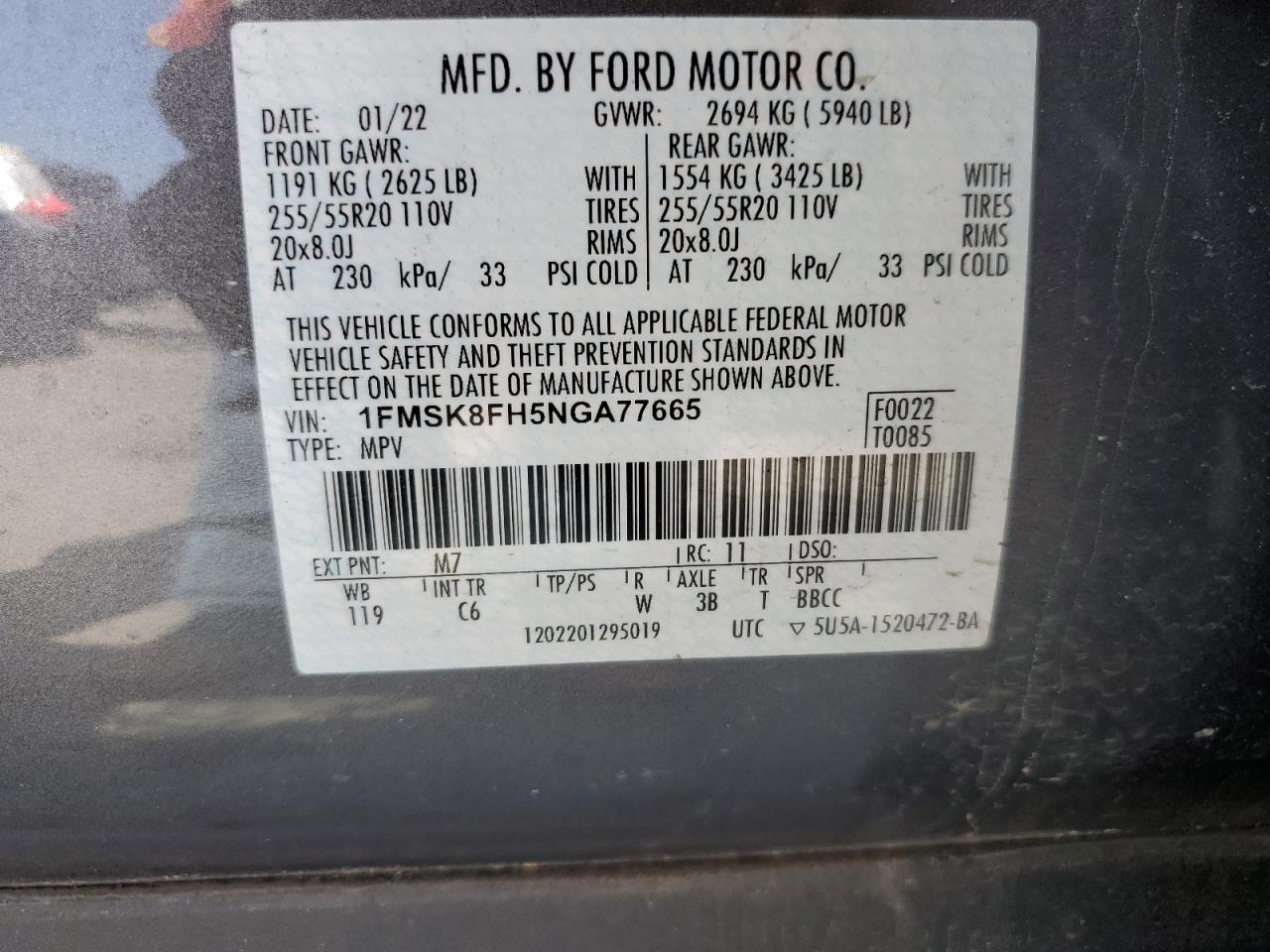 2022 Ford Explorer Limited VIN: 1FMSK8FH5NGA77665 Lot: 67966475