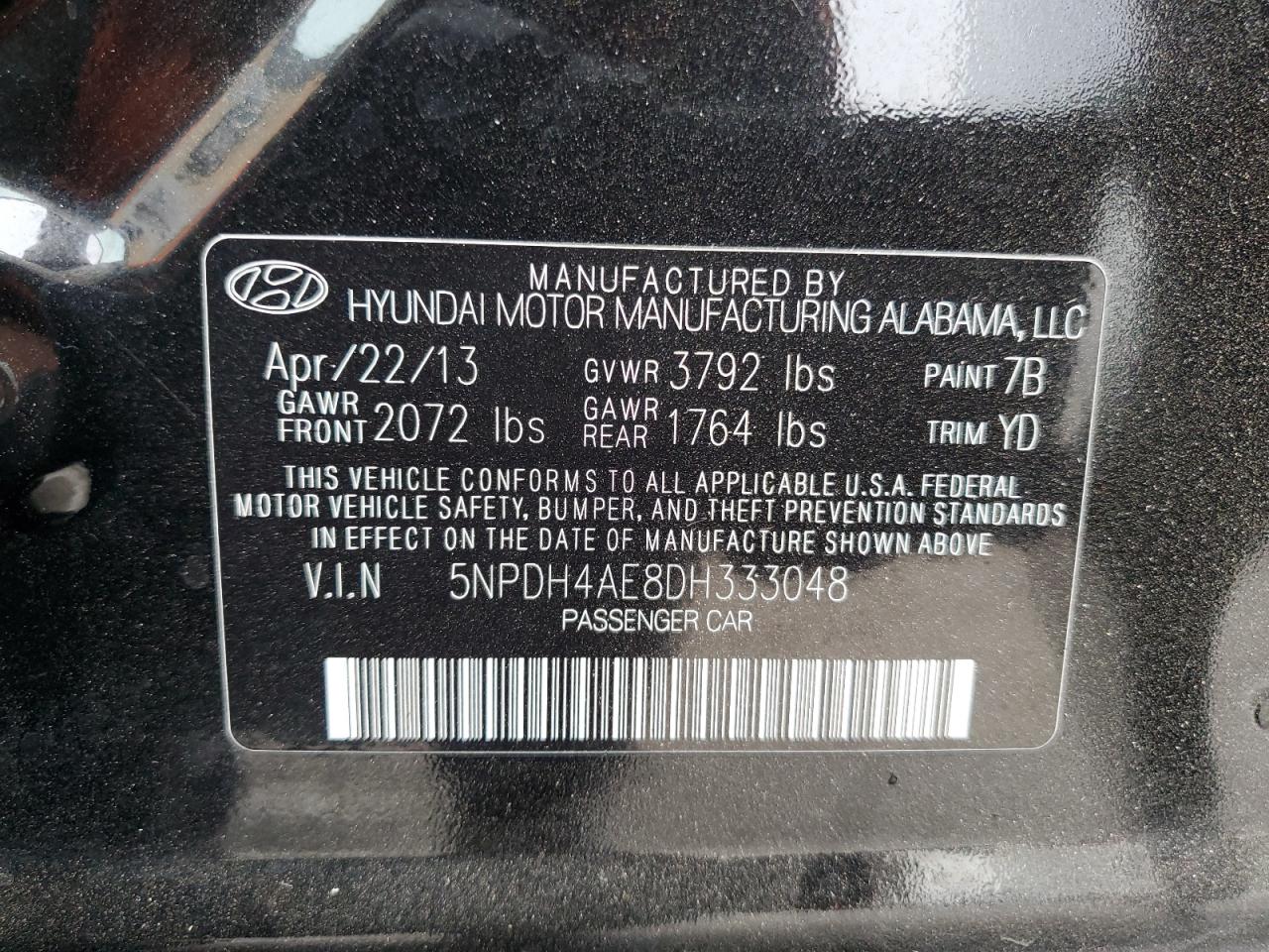 2013 Hyundai Elantra Gls VIN: 5NPDH4AE8DH333048 Lot: 68440905