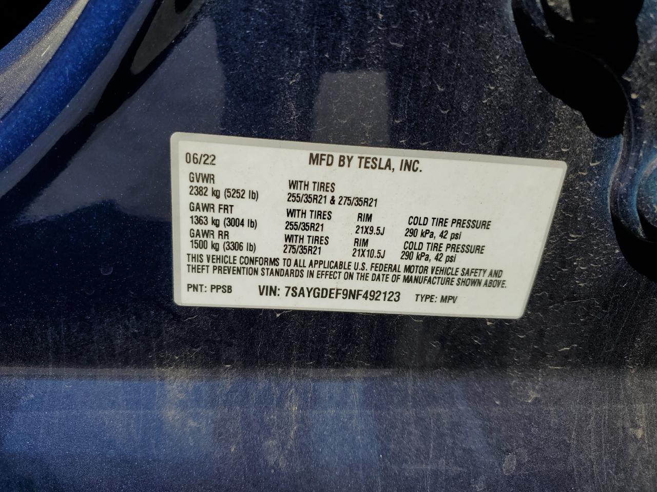 2022 Tesla Model Y VIN: 7SAYGDEF9NF492123 Lot: 67235875
