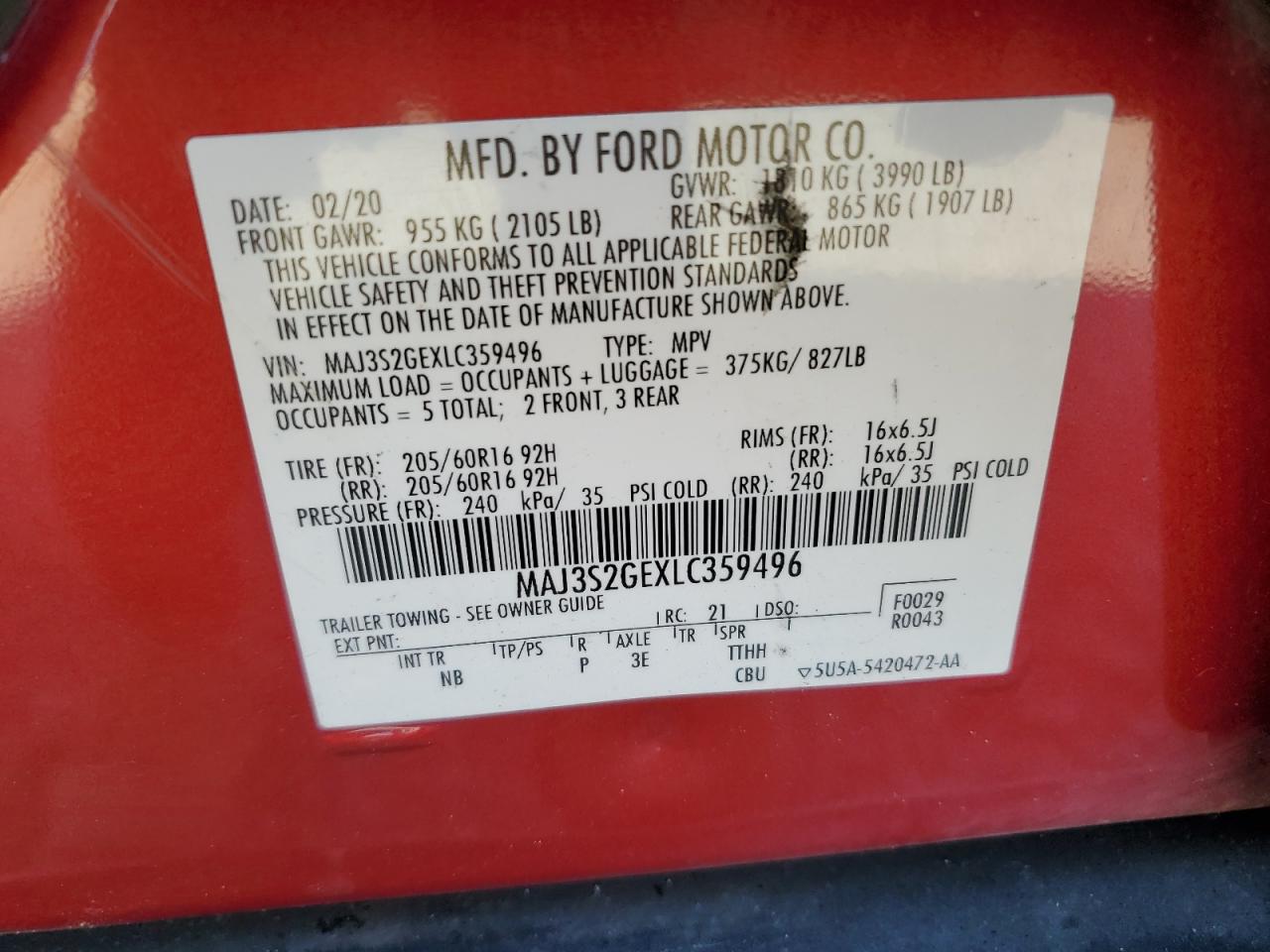 2020 Ford Ecosport Se VIN: MAJ3S2GEXLC359496 Lot: 67586165