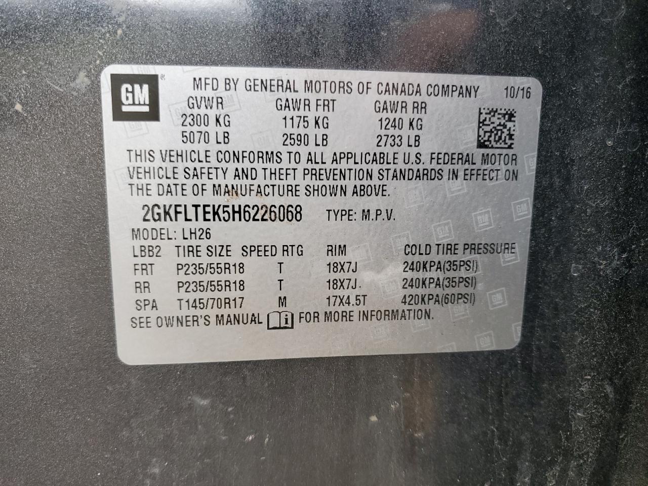 2017 GMC Terrain Sle VIN: 2GKFLTEK5H6226068 Lot: 70660475