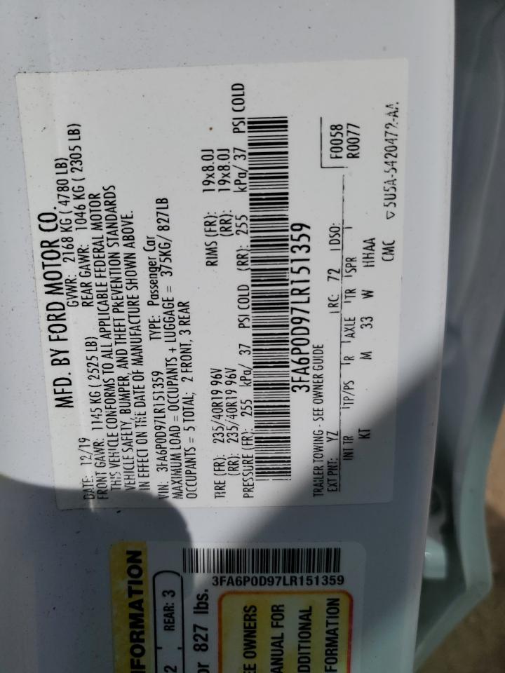 2020 Ford Fusion Titanium VIN: 3FA6P0D97LR151359 Lot: 67862045