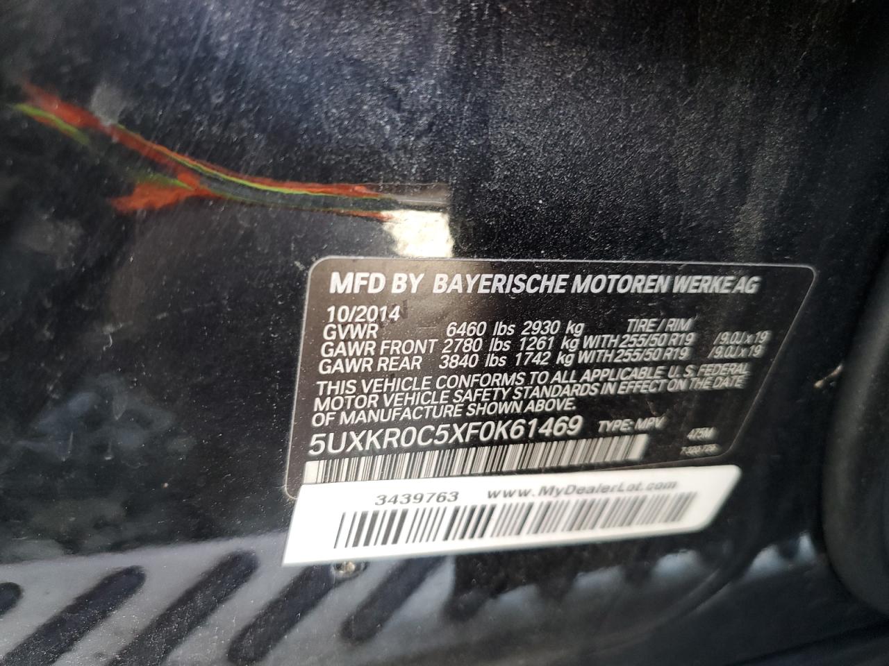 2015 BMW X5 xDrive35I VIN: 5UXKR0C5XF0K61469 Lot: 68072605