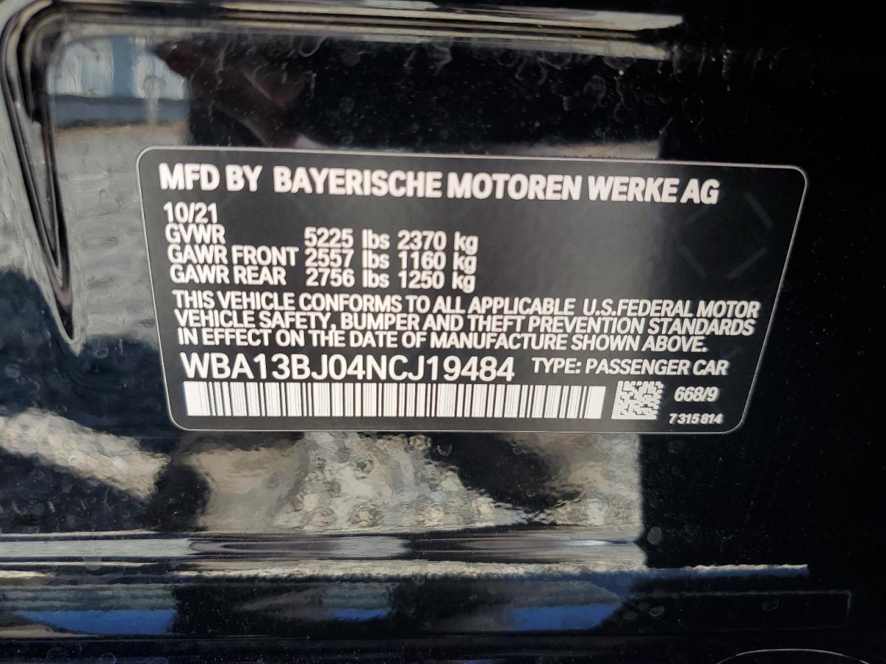 2022 BMW 530 Xi VIN: WBA13BJ04NCJ19484 Lot: 69620285