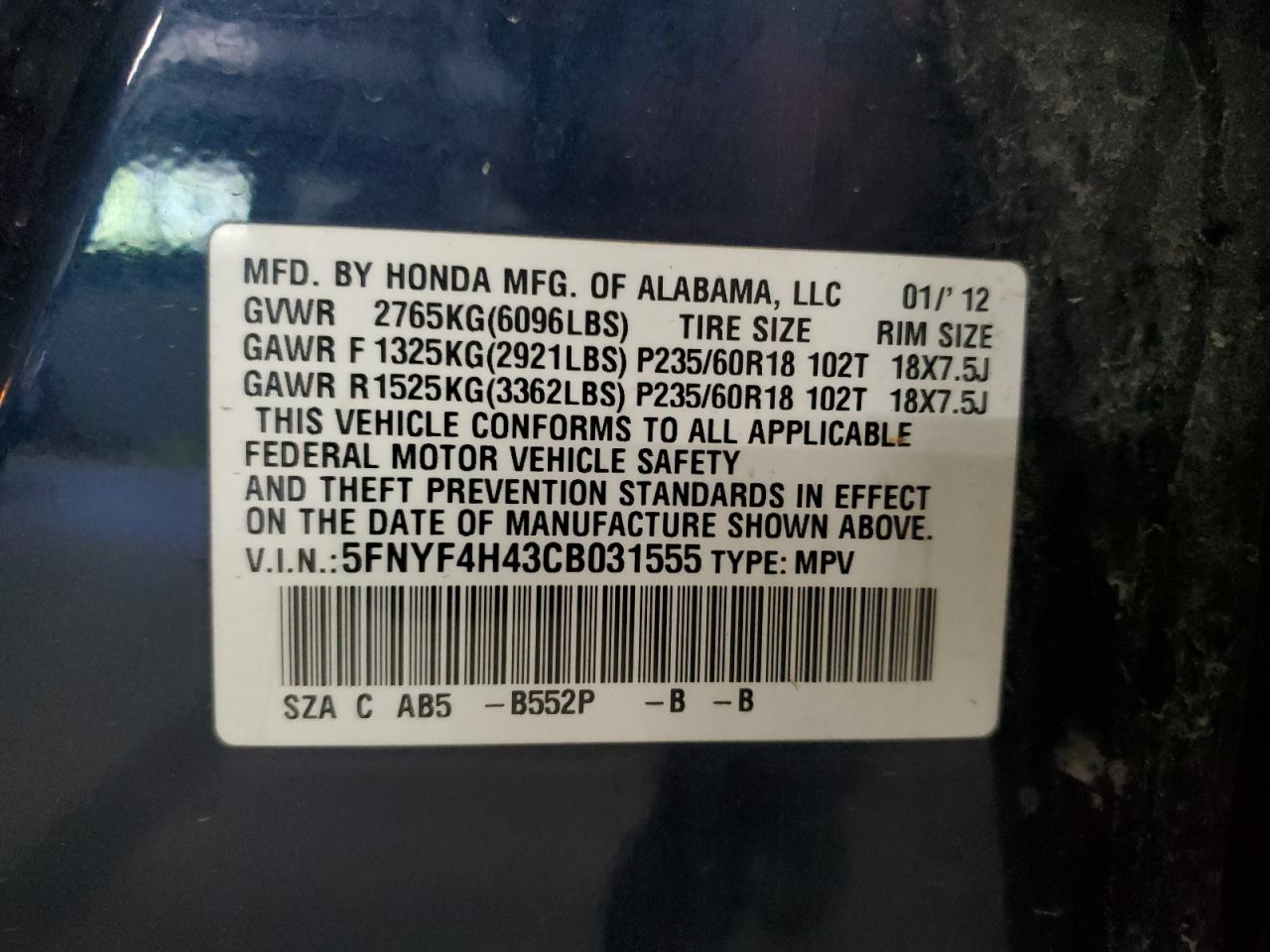 2012 Honda Pilot Ex VIN: 5FNYF4H43CB031555 Lot: 68702785