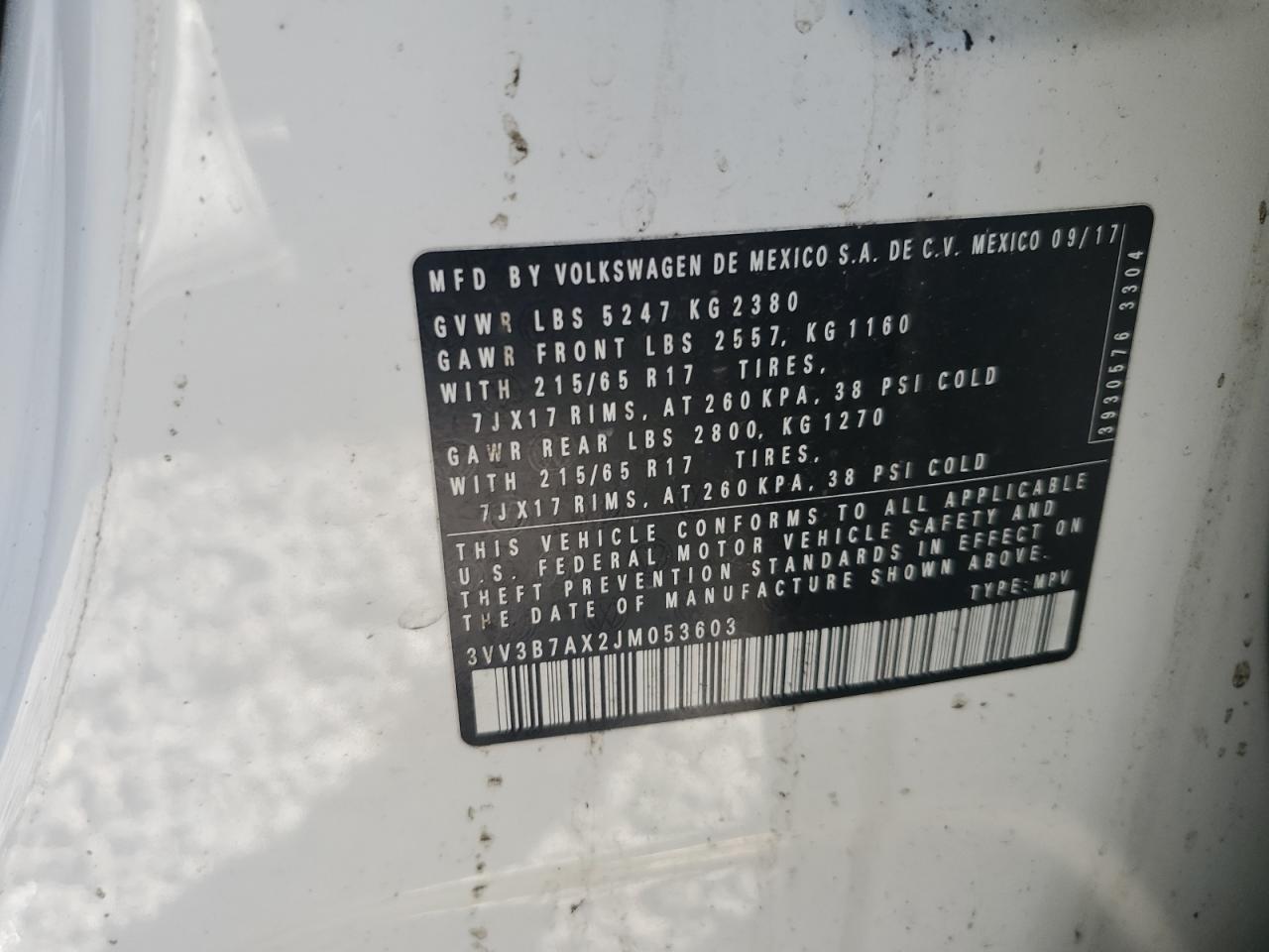 2018 Volkswagen Tiguan Se VIN: 3VV3B7AX2JM053603 Lot: 70462525