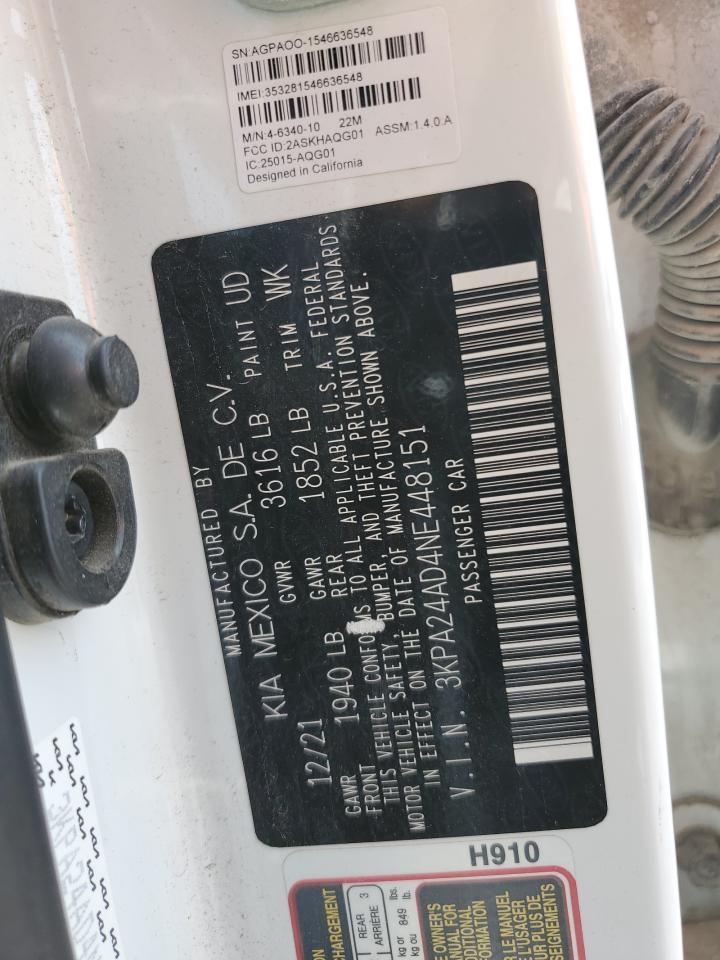 2022 Kia Rio Lx VIN: 3KPA24AD4NE448151 Lot: 67708285