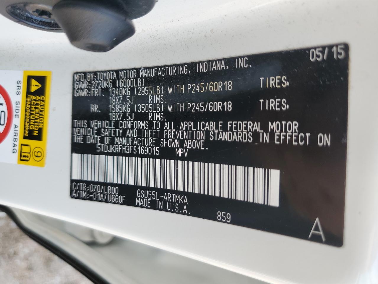 2015 Toyota Highlander Xle VIN: 5TDJKRFH3FS169015 Lot: 68217515