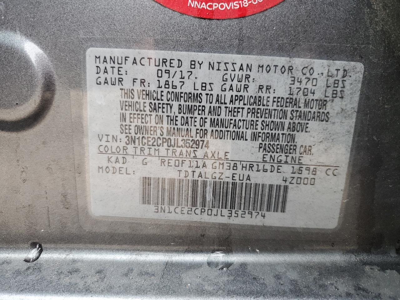 2018 Nissan Versa Note S VIN: 3N1CE2CP0JL352974 Lot: 67472735