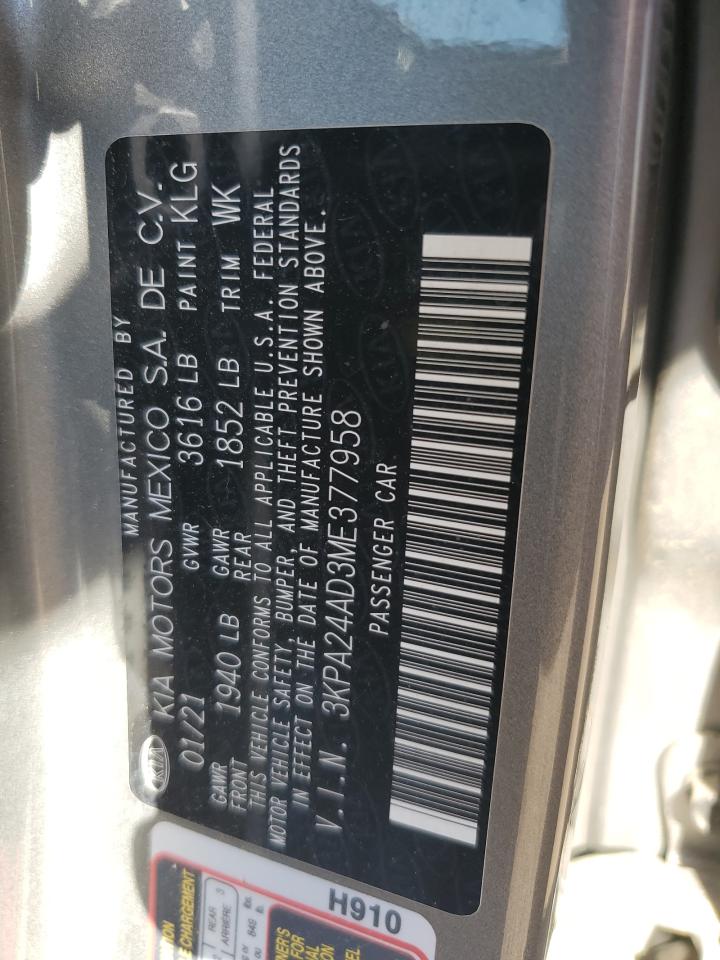 2021 Kia Rio Lx VIN: 3KPA24AD3ME377958 Lot: 69574555