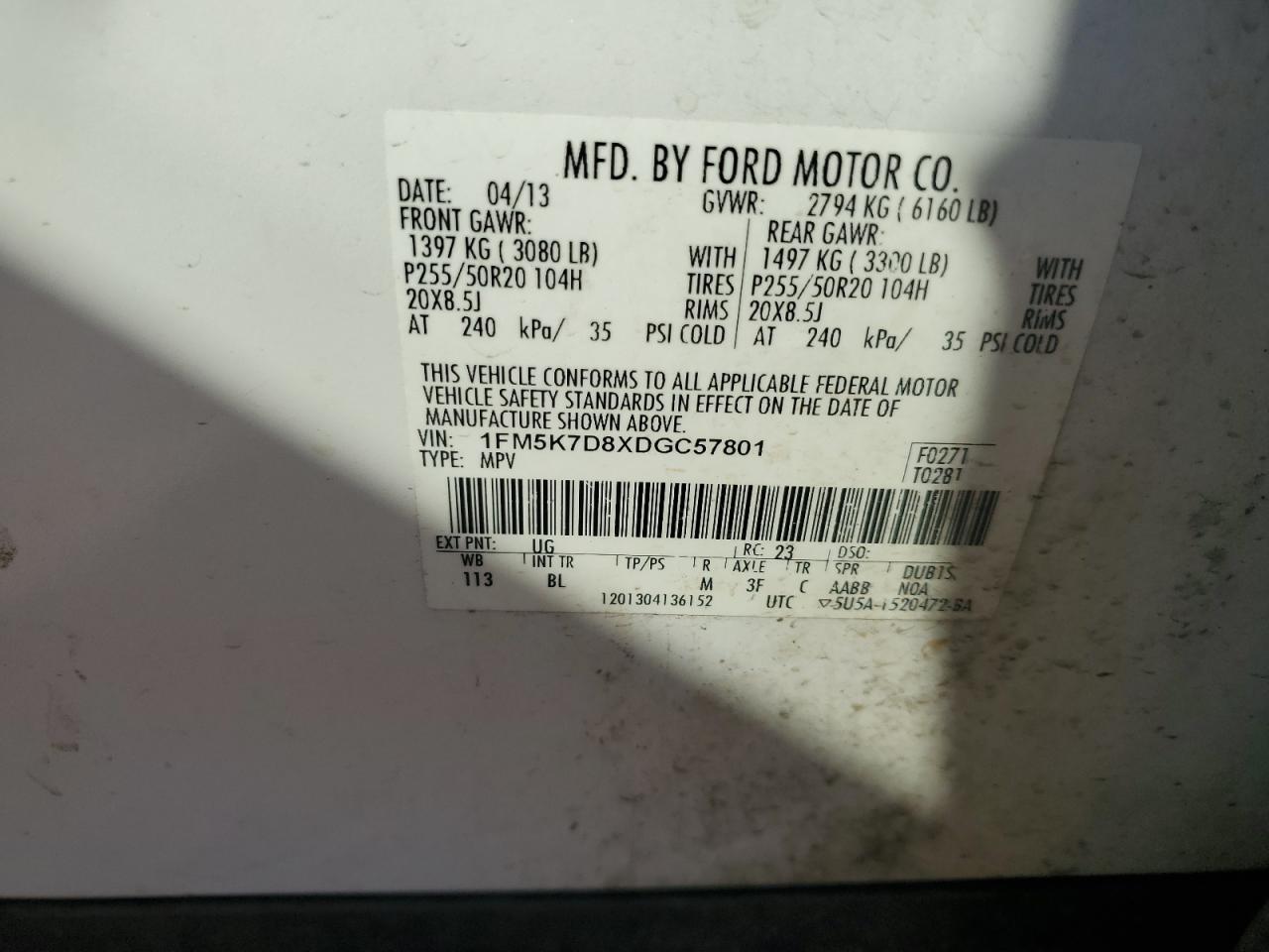 2013 Ford Explorer Xlt VIN: 1FM5K7D8XDGC57801 Lot: 68314705