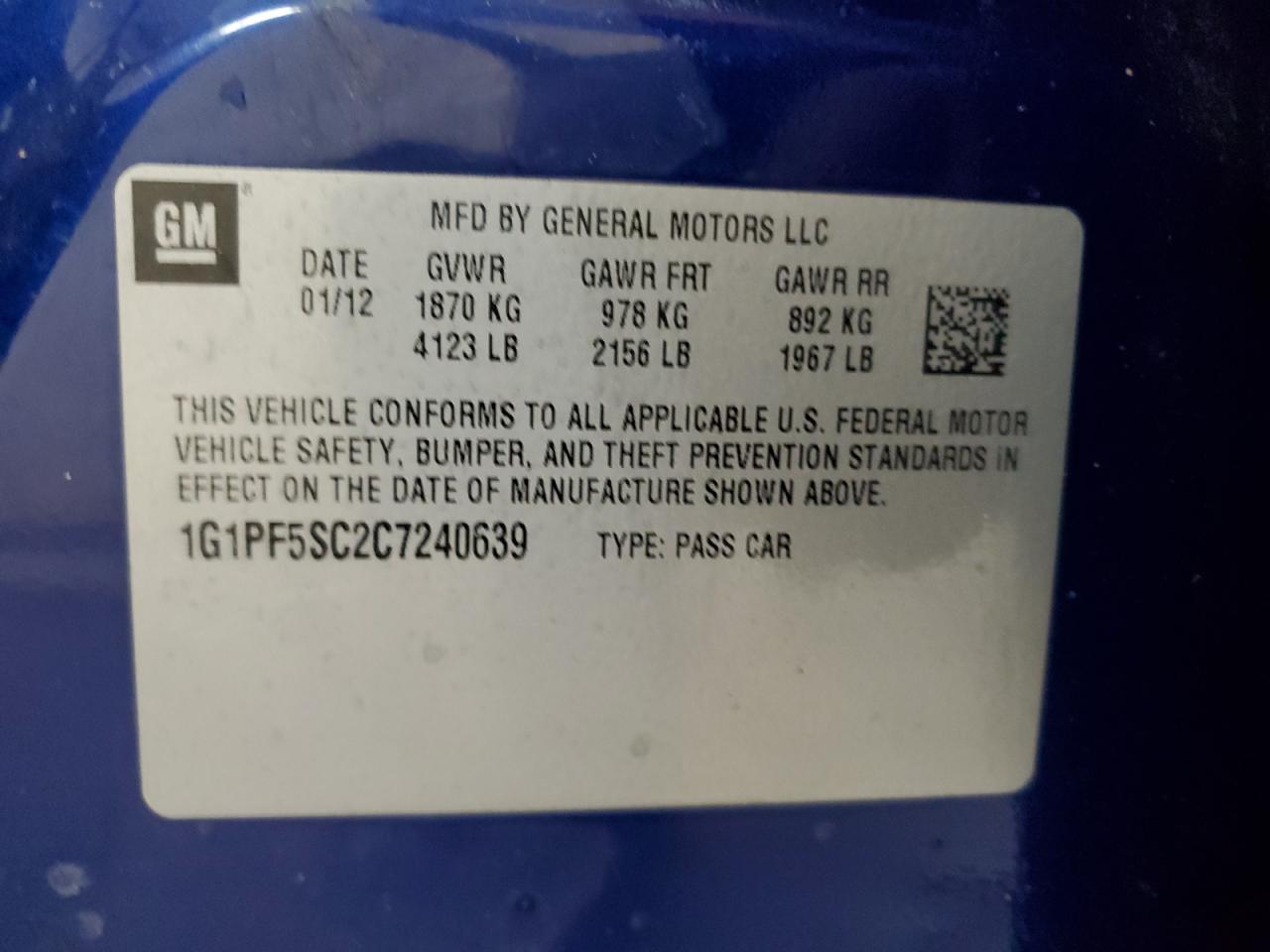 2012 Chevrolet Cruze Lt VIN: 1G1PF5SC2C7240639 Lot: 69773945