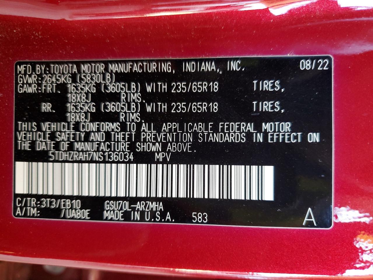 2022 Toyota Highlander Xle VIN: 5TDHZRAH7NS136034 Lot: 68118095