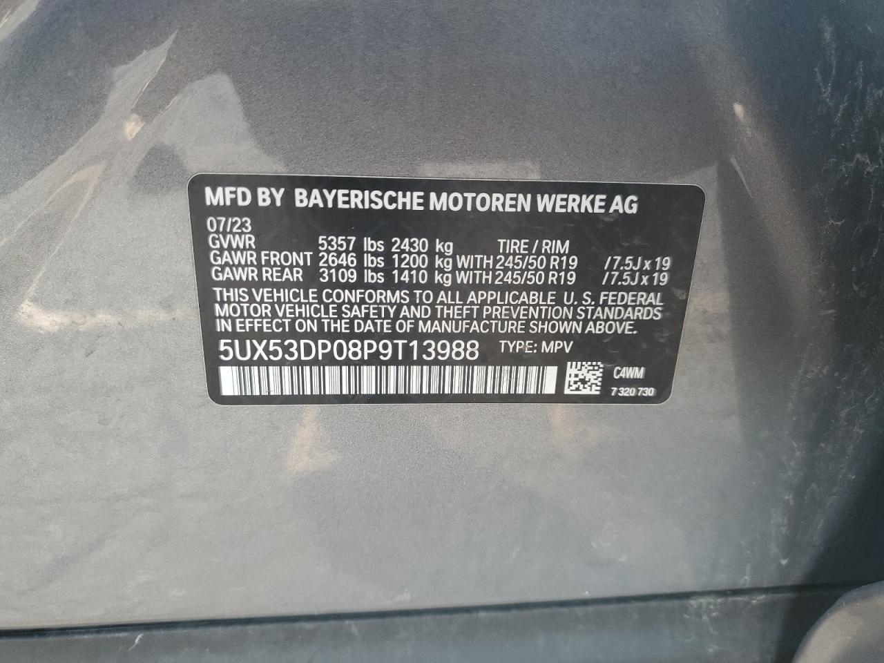 2023 BMW X3 xDrive30I VIN: 5UX53DP08P9T13988 Lot: 68120525