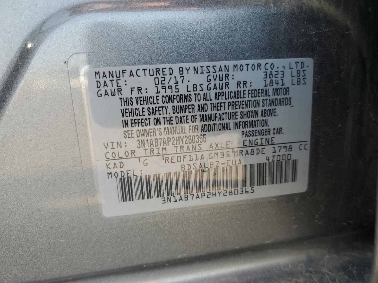 2017 Nissan Sentra S VIN: 3N1AB7AP2HY280365 Lot: 70766125