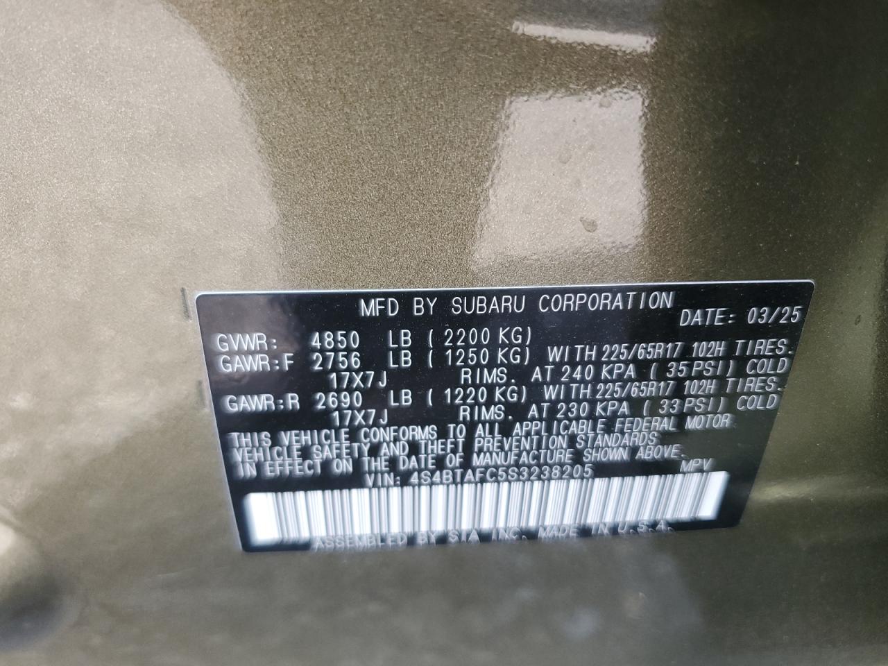 2025 Subaru Outback Premium VIN: 4S4BTAFC5S3238205 Lot: 70500455