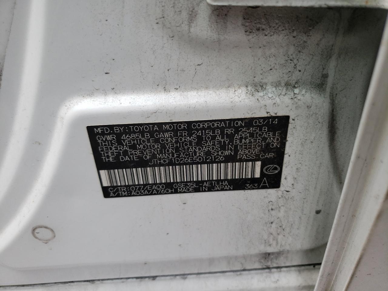 2014 Lexus Is 250 VIN: JTHCF1D26E5012126 Lot: 68374495