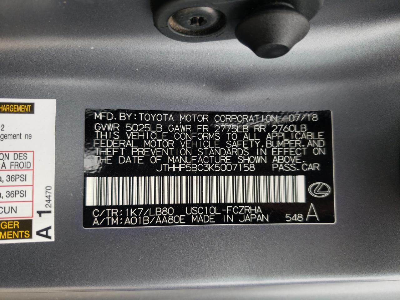 2019 Lexus Rc-F VIN: JTHHP5BC3K5007158 Lot: 68089145