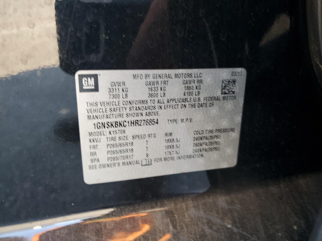 2017 Chevrolet Tahoe K1500 Lt VIN: 1GNSKBKC1HR276854 Lot: 67938805