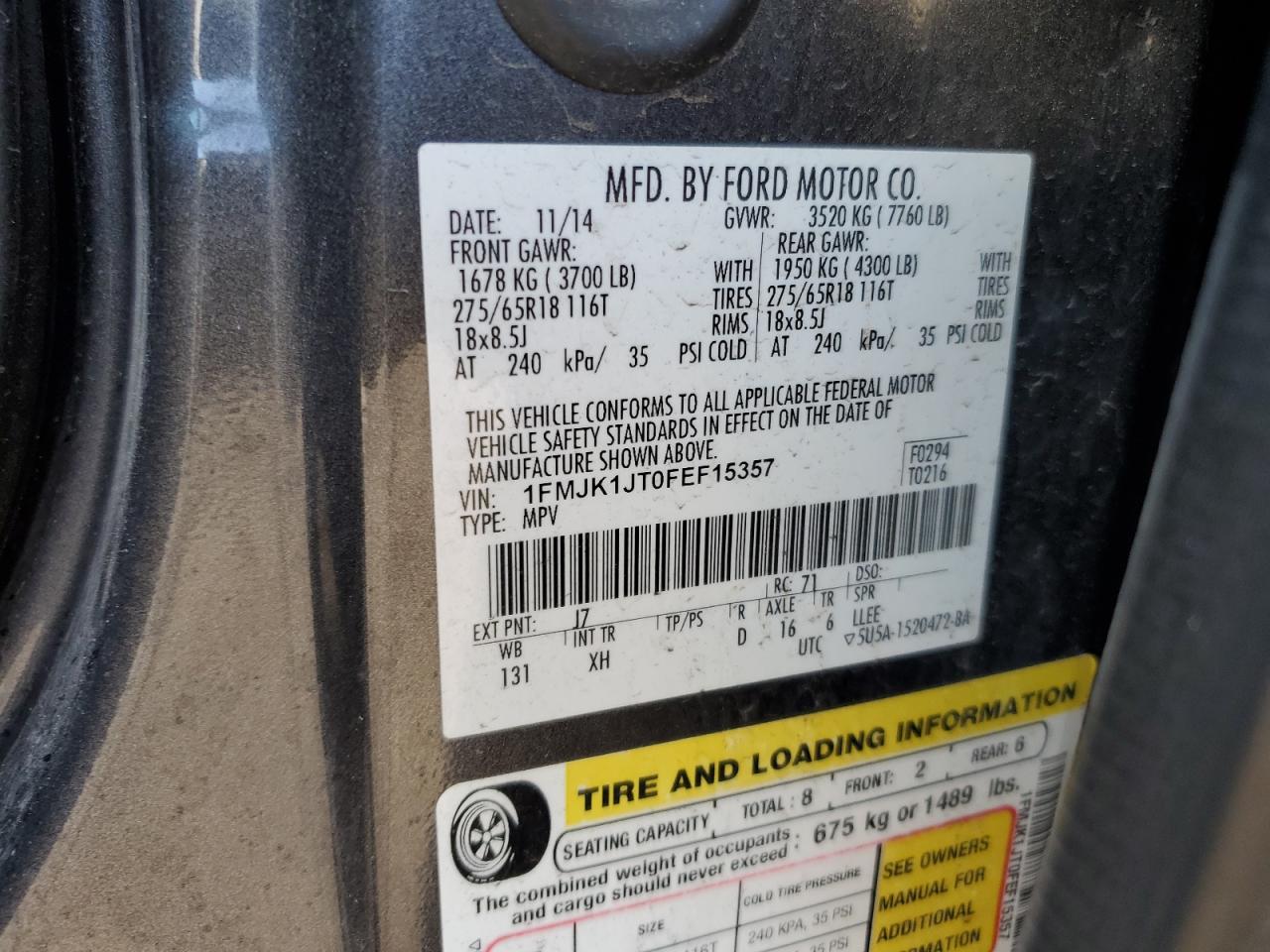 2015 Ford Expedition El Xlt VIN: 1FMJK1JT0FEF15357 Lot: 69974825