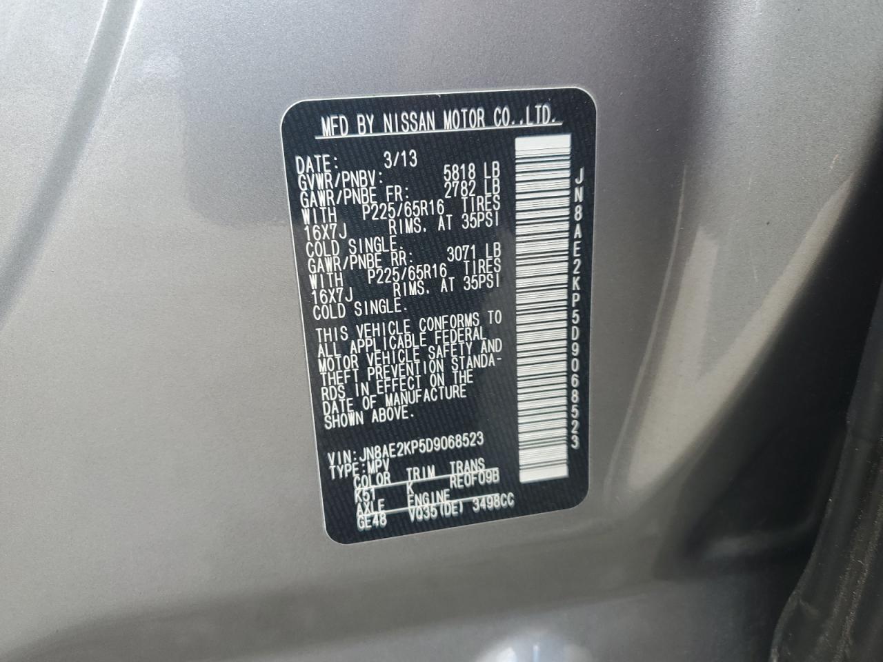 2013 Nissan Quest S VIN: JN8AE2KP5D9068523 Lot: 66599615