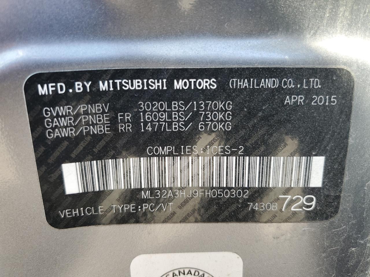 2015 Mitsubishi Mirage De VIN: ML32A3HJ9FH050302 Lot: 68087255