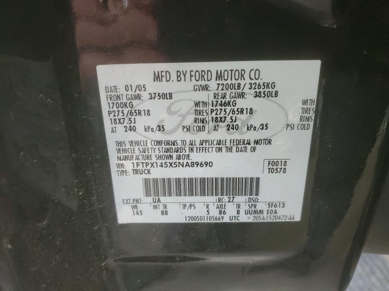 2005 Ford F150 VIN: 1FTPX145X5NA89690 Lot: 67959805