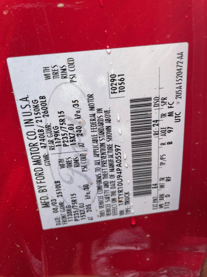 2004 Ford Ranger VIN: 1FTYR10U94PA05597 Lot: 67298485