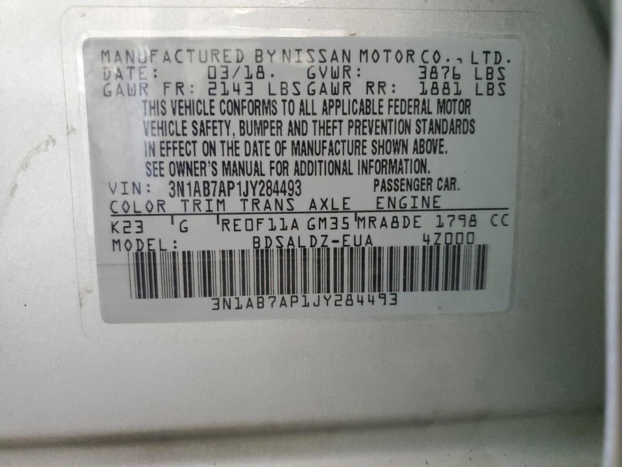 2018 Nissan Sentra S VIN: 3N1AB7AP1JY284493 Lot: 67325485