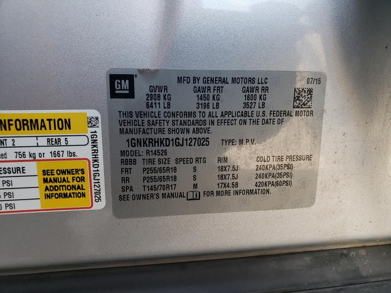 2016 Chevrolet Traverse Lt VIN: 1GNKRHKD1GJ127025 Lot: 67535195